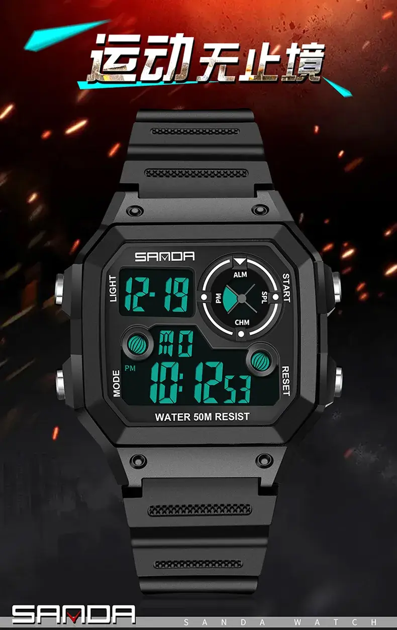 Sanda New Square Watch Swimming Waterproof Alarm Luminous Male Student Watch Korean Style Simple Fashion Sports Watch — feature 2