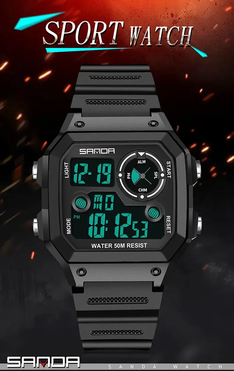 Sanda New Square Watch Swimming Waterproof Alarm Luminous Male Student Watch Korean Style Simple Fashion Sports Watch — feature 26