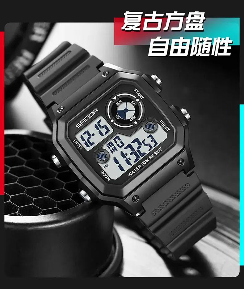 Sanda New Square Watch Swimming Waterproof Alarm Luminous Male Student Watch Korean Style Simple Fashion Sports Watch — feature 4