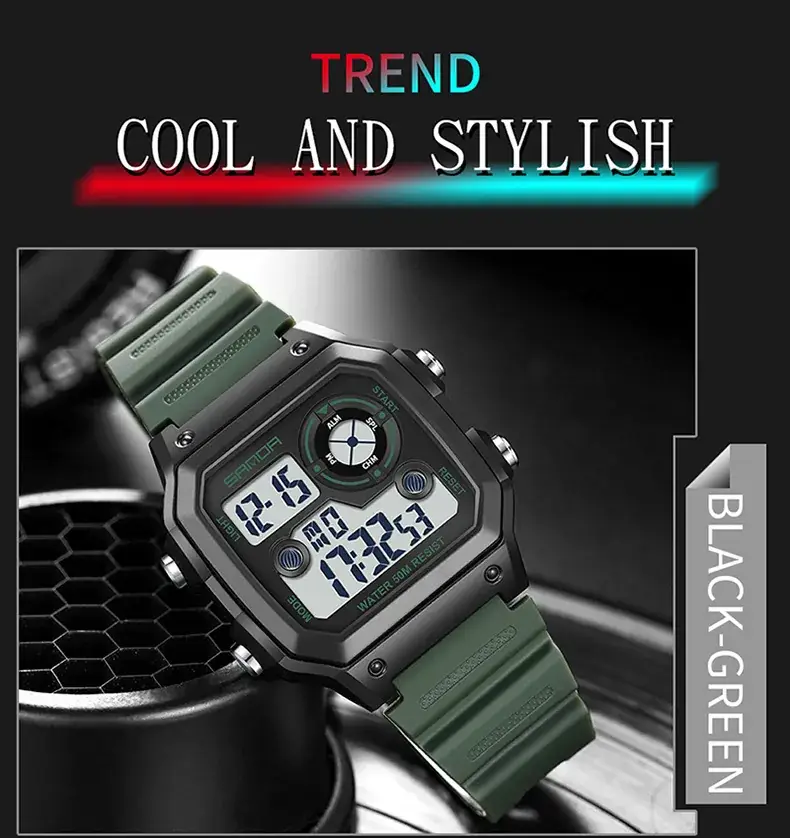 Sanda New Square Watch Swimming Waterproof Alarm Luminous Male Student Watch Korean Style Simple Fashion Sports Watch — feature 43
