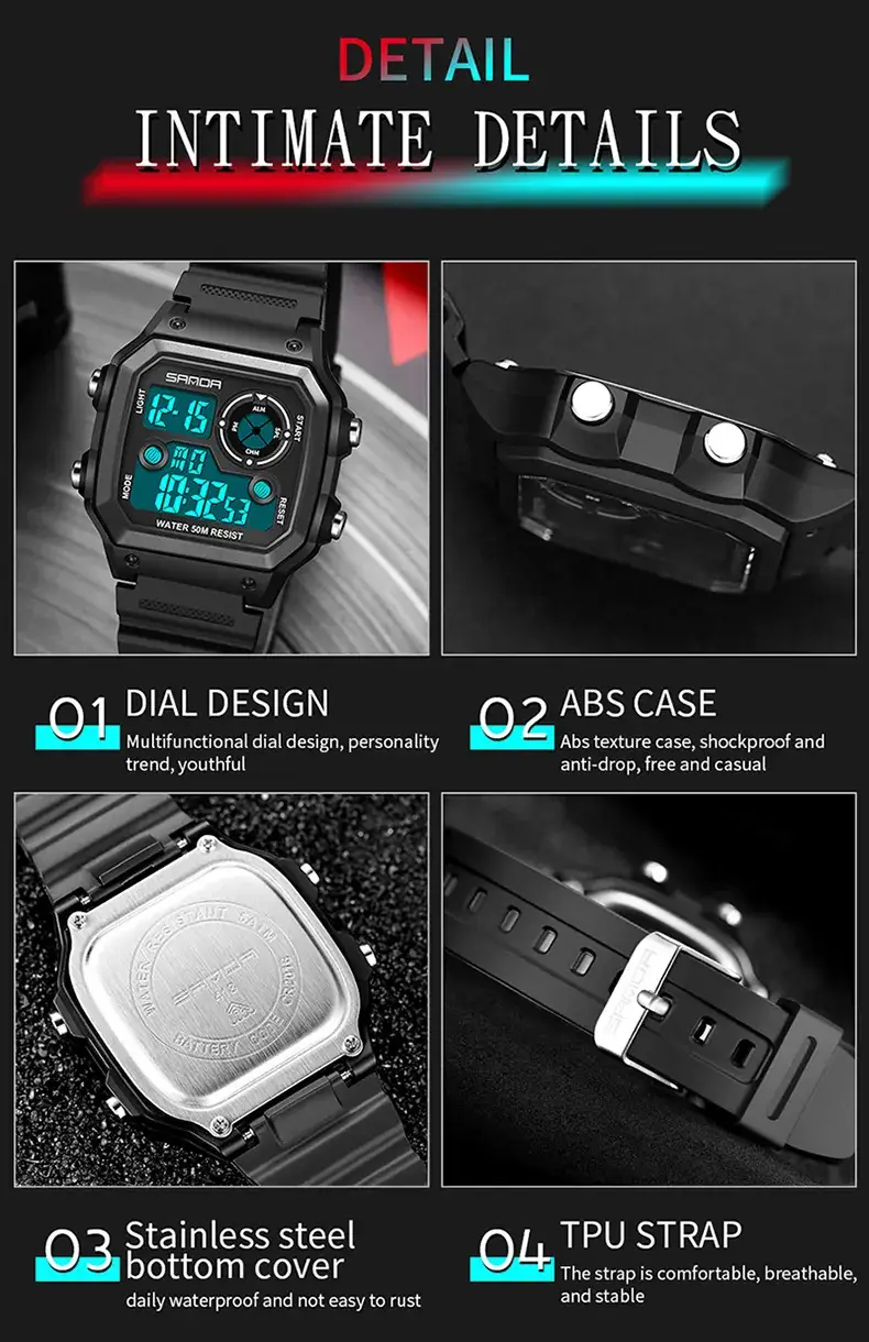 Sanda New Square Watch Swimming Waterproof Alarm Luminous Male Student Watch Korean Style Simple Fashion Sports Watch — feature 47