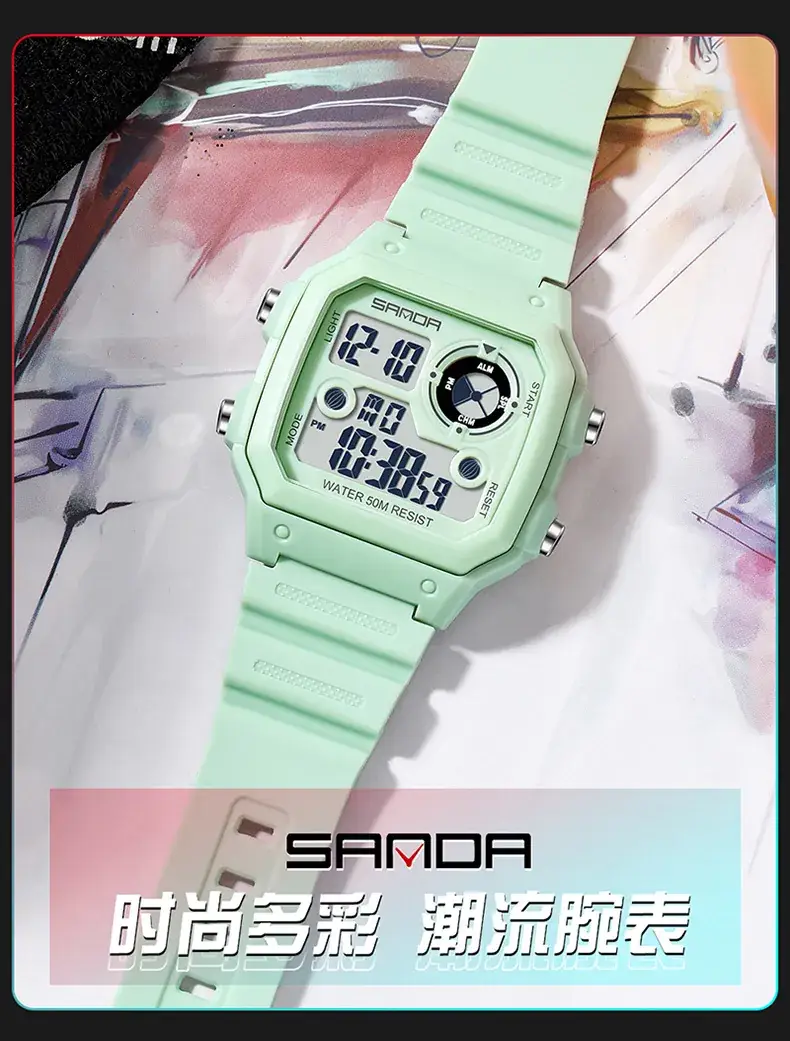 Sanda New Square Watch Swimming Waterproof Alarm Luminous Male Student Watch Korean Style Simple Fashion Sports Watch — feature 6