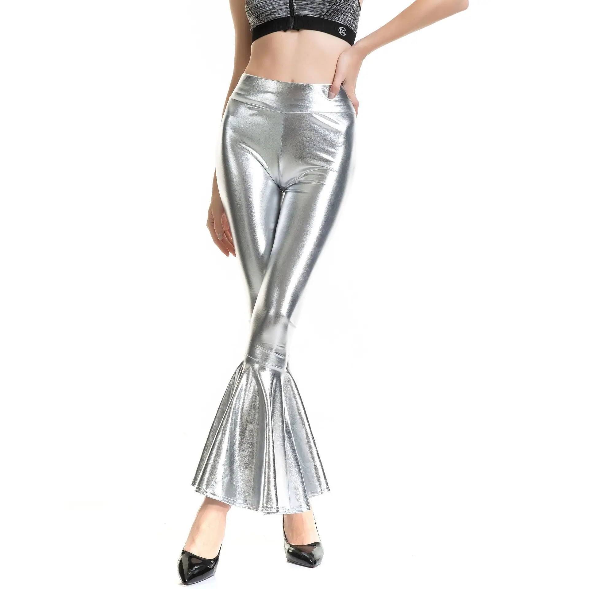 Metallic Bell Bottom Pants High Waist Women's Fashion