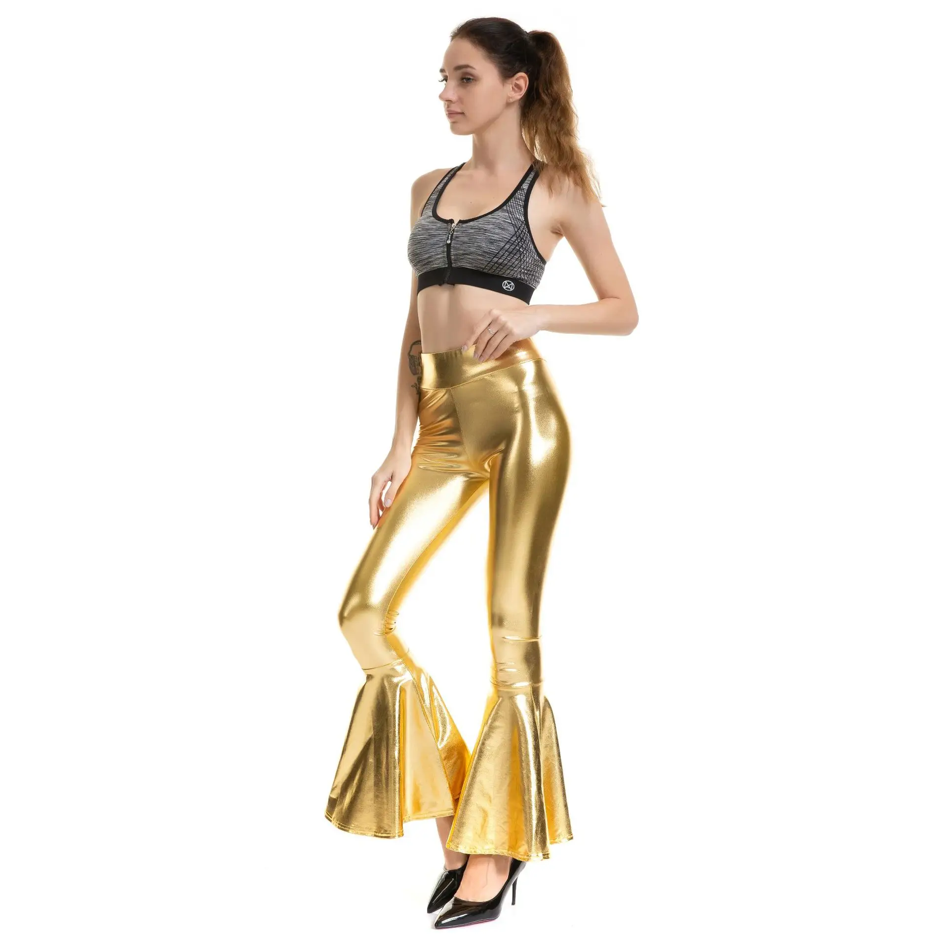 Metallic Bell Bottom Pants High Waist Women's Fashion