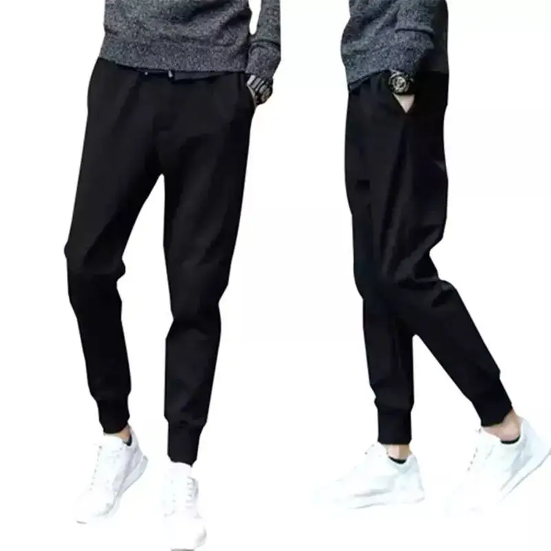 Korean Style Thin Slim Fit Sporty Pants Summer Men's Cropped School Pants Casual Pants Pure Black Leather Rope Harem Pants - Image 6