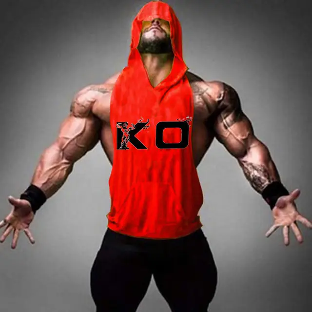 Men's Red Hooded Cotton Fitness Vest with Large Slit - Image 8