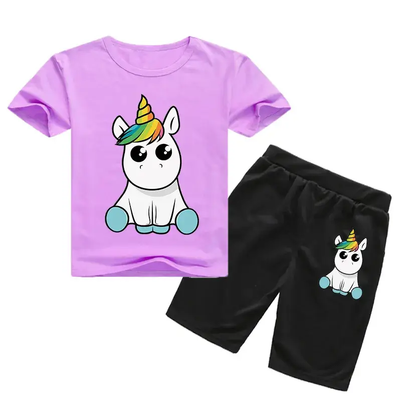 Kids Unicorn Print Casual Shorts Set White Black - Image 5