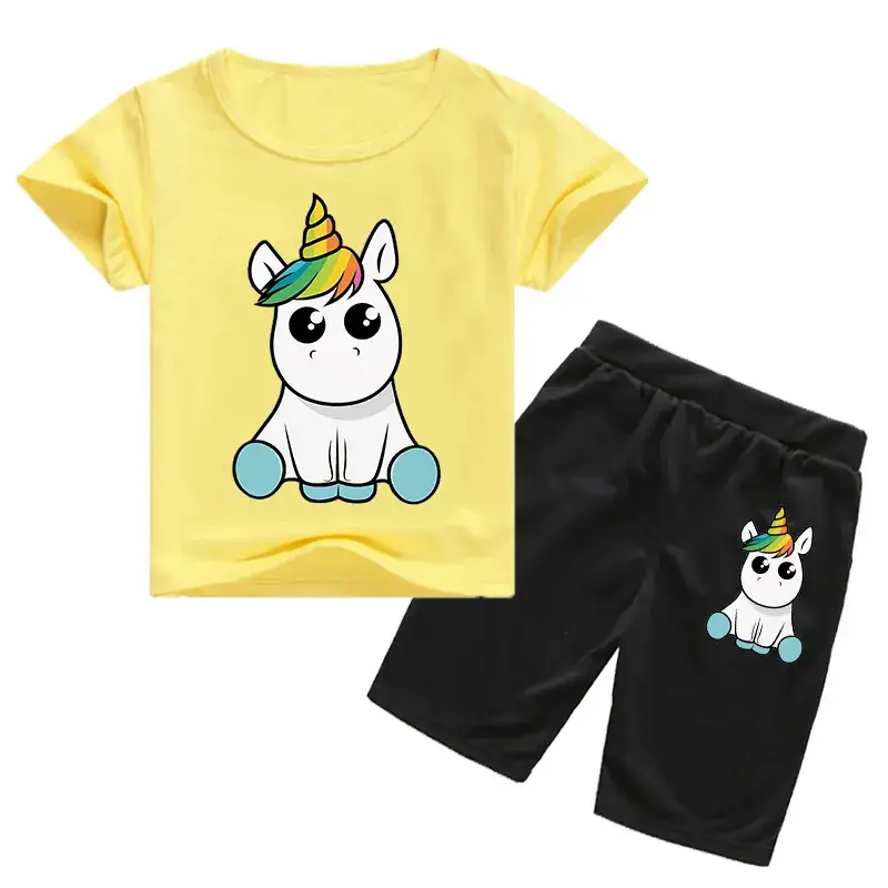 Kids Unicorn Print Casual Shorts Set White Black - Image 3