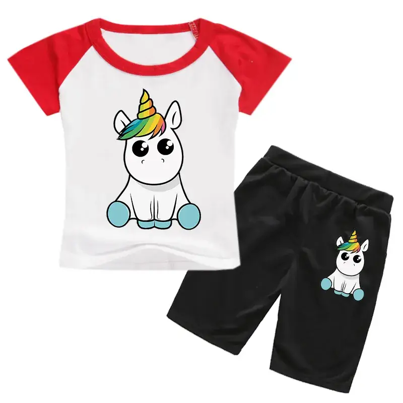 Kids Unicorn Print Casual Shorts Set White Black — feature 10