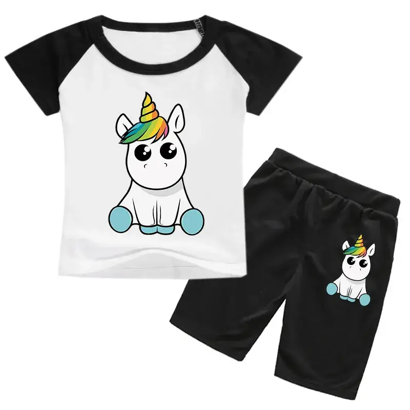 Kids Unicorn Print Casual Shorts Set White Black — feature 13