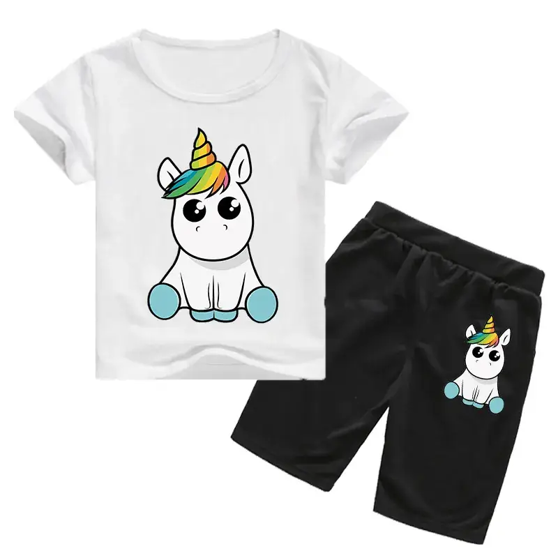 Kids Unicorn Print Casual Shorts Set White Black — feature 3