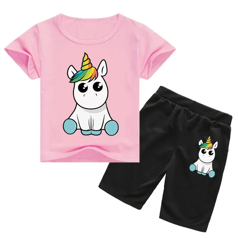Kids Unicorn Print Casual Shorts Set White Black — feature 4