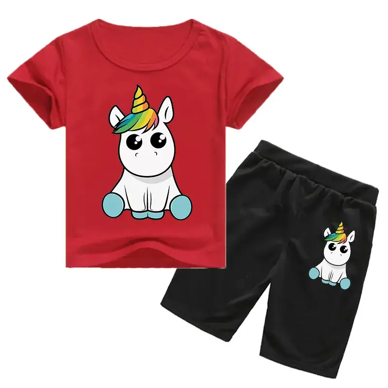 Kids Unicorn Print Casual Shorts Set White Black — feature 6