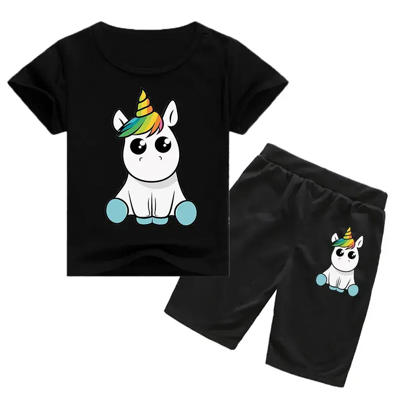 Kids Unicorn Print Casual Shorts Set White Black — feature 8