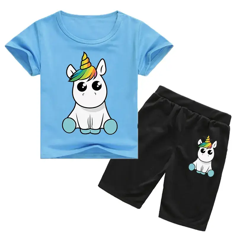 Kids Unicorn Print Casual Shorts Set White Black — feature 9