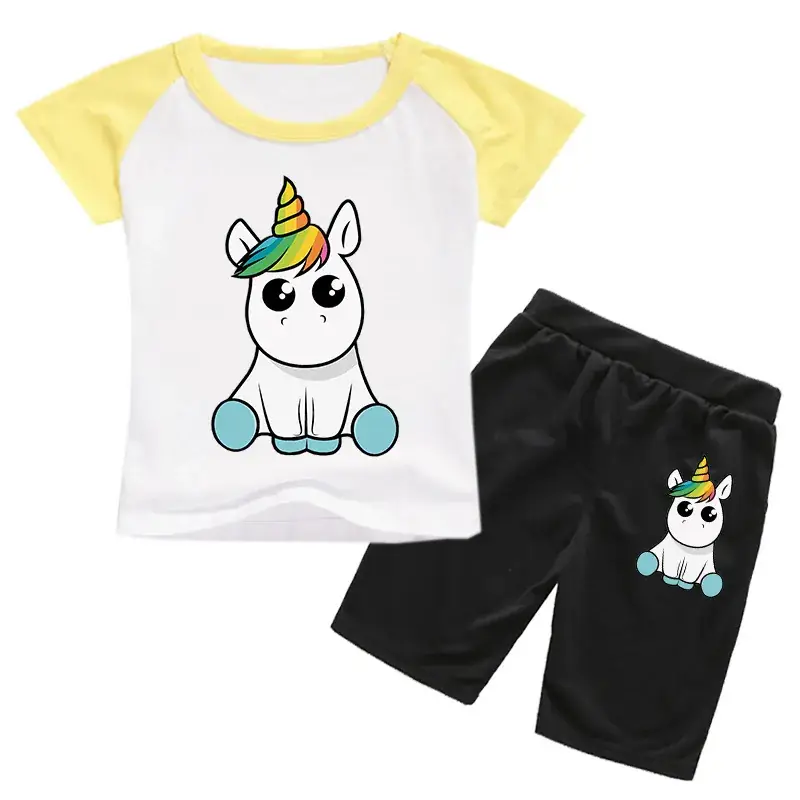Kids Unicorn Print Casual Shorts Set White Black - Image 10