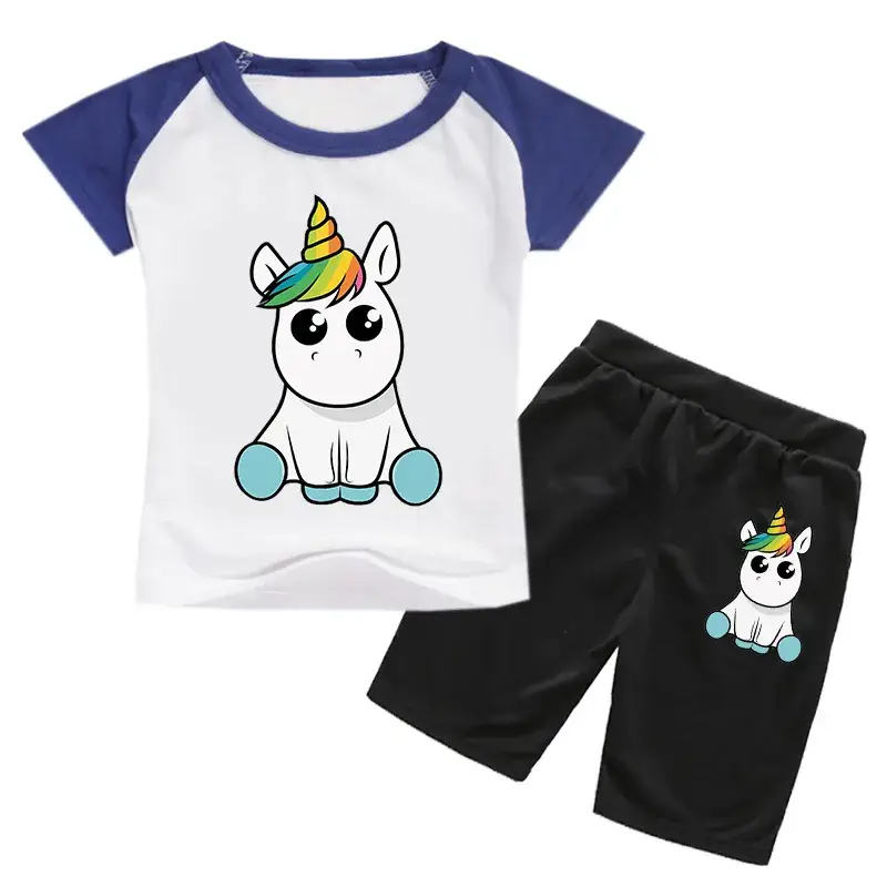 Kids Unicorn Print Casual Shorts Set White Black - Image 9