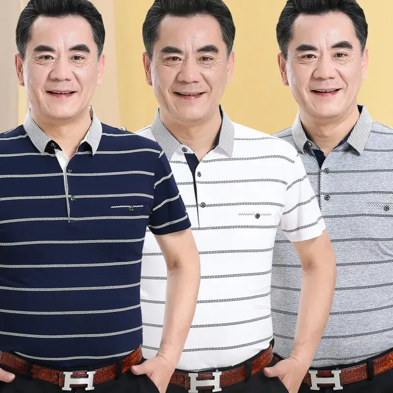 Pure Cotton Striped Polo Shirt for Men Middle Age