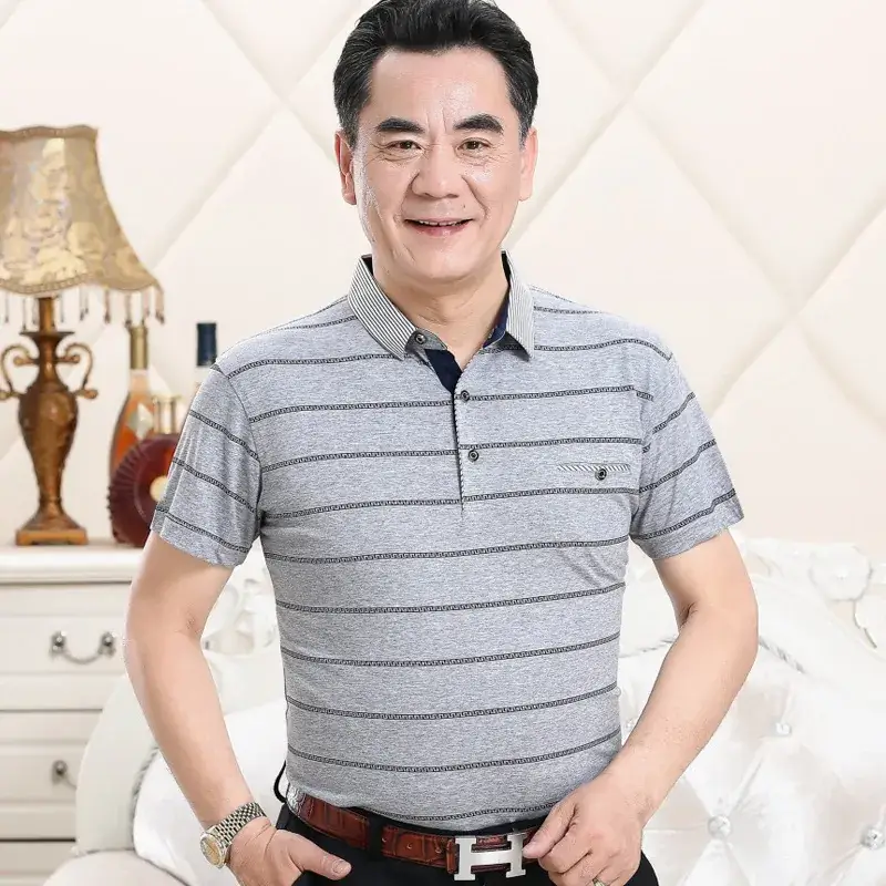 Pure Cotton Striped Polo Shirt for Men Middle Age