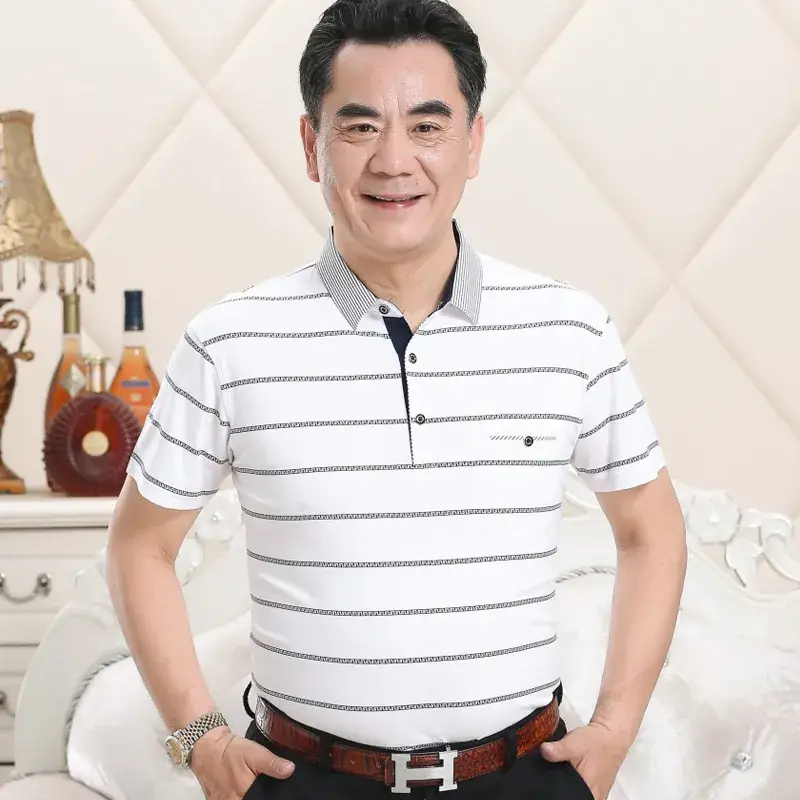 Pure Cotton Striped Polo Shirt for Men Middle Age