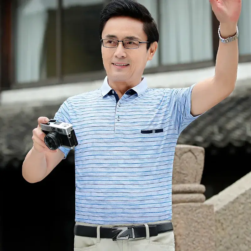 Pure Cotton Striped Polo Shirt for Men Middle Age