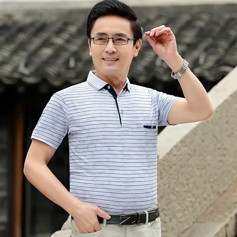 Pure Cotton Striped Polo Shirt for Men Middle Age