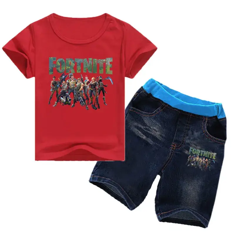 2018 Printed Boys T-Shirt Shorts Set Red Blue - Image 3