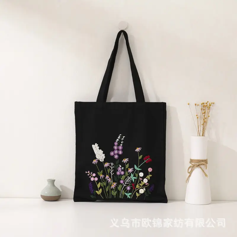 Black Canvas Sashiko Embroidered Shoulder Bag - Image 4