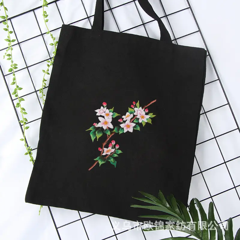 Black Canvas Sashiko Embroidered Shoulder Bag - Image 12