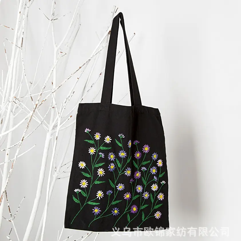 Black Canvas Sashiko Embroidered Shoulder Bag - Image 2