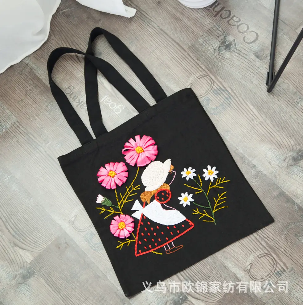 Black Canvas Sashiko Embroidered Shoulder Bag - Image 6