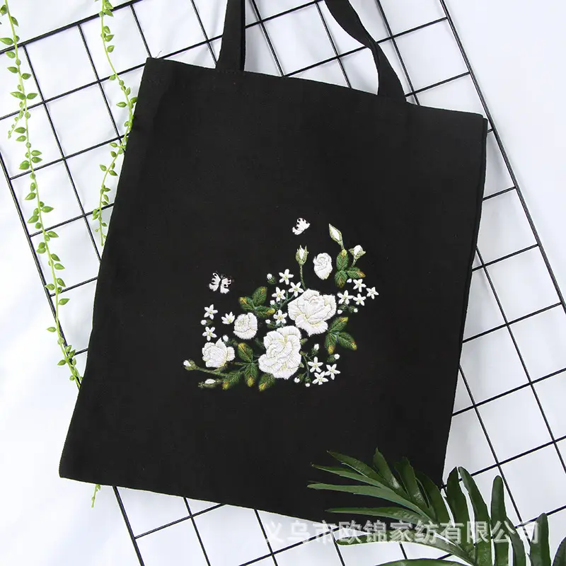 Black Canvas Sashiko Embroidered Shoulder Bag - Image 8