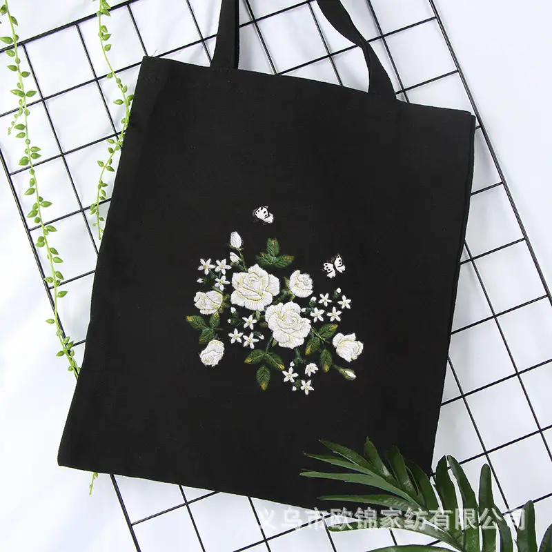 Black Canvas Sashiko Embroidered Shoulder Bag - Image 9