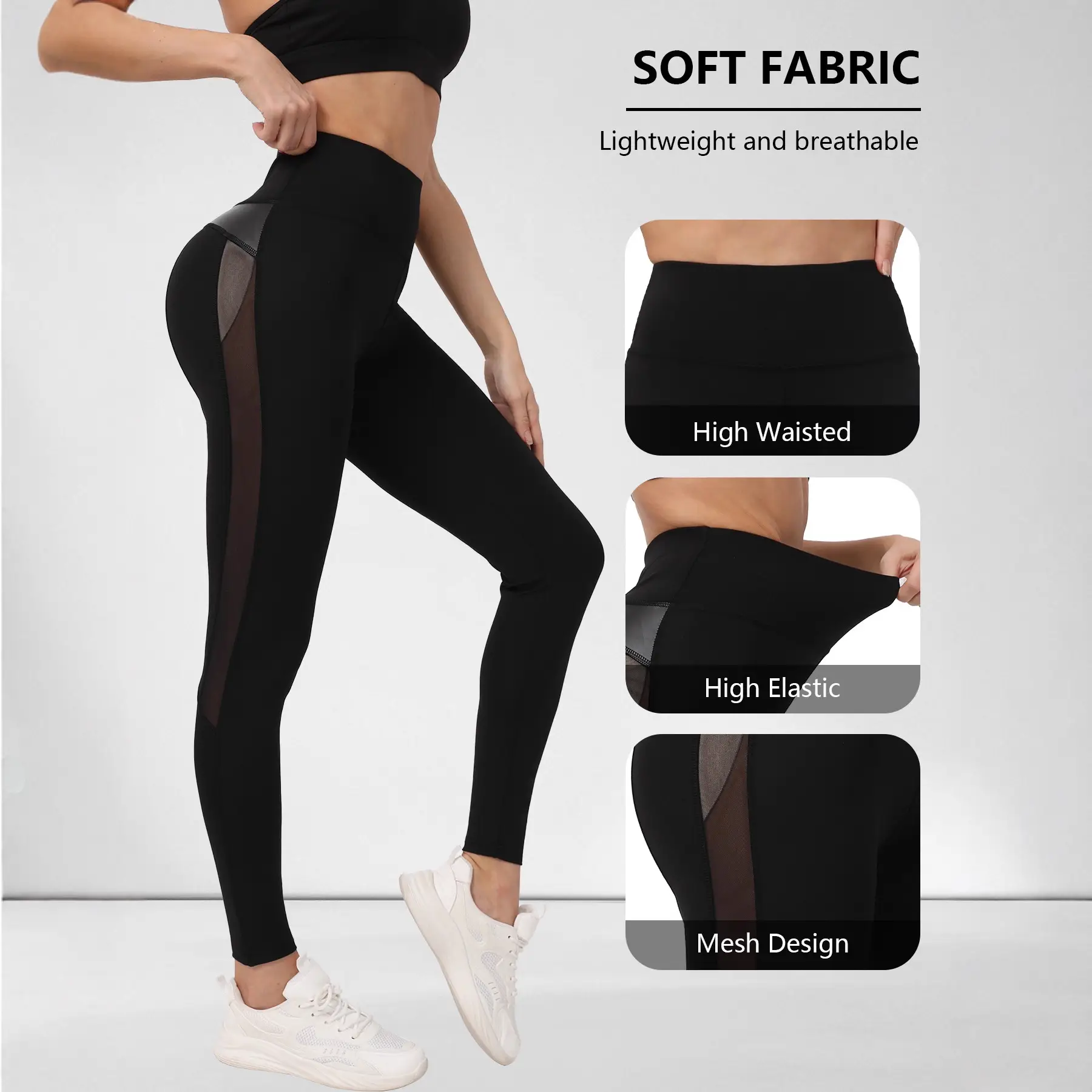 Women High-Waisted Mesh Yoga Pants Gray Patchwork Butt Lifting - Image 7