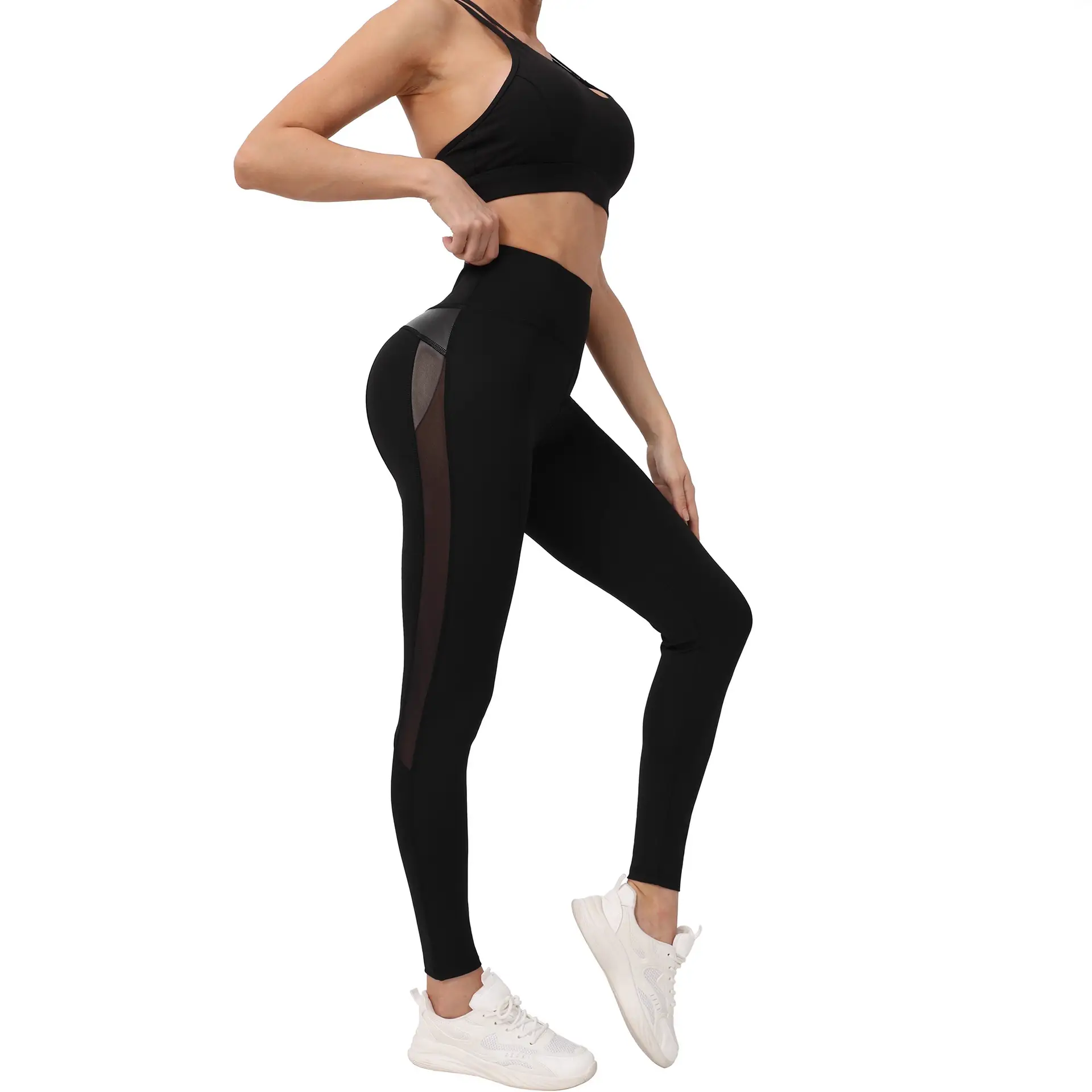 Women High-Waisted Mesh Yoga Pants Gray Patchwork Butt Lifting - Image 8