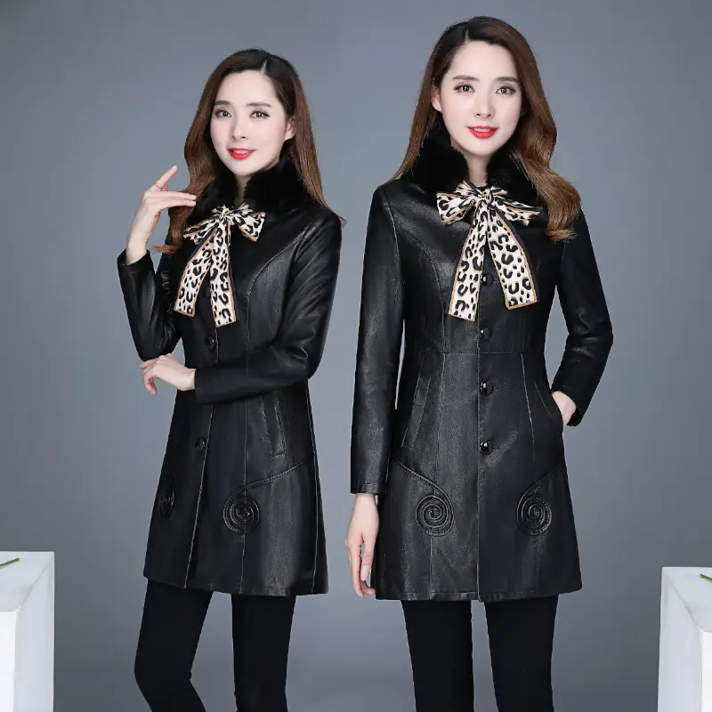 Women's Black PU Leather Trench Coat with Bowknot