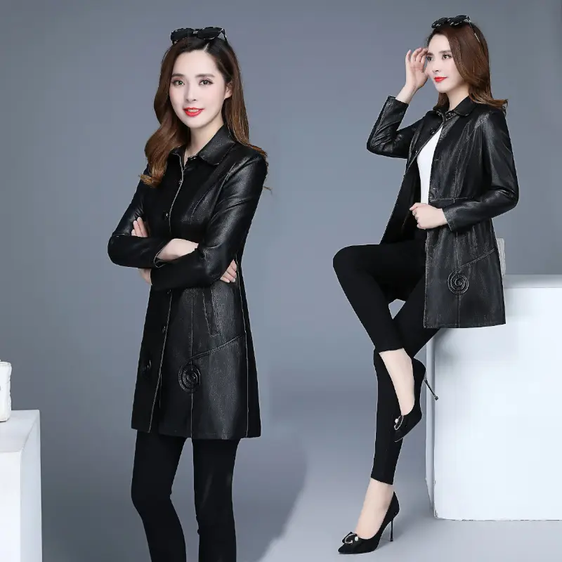 Women's Black PU Leather Trench Coat with Bowknot