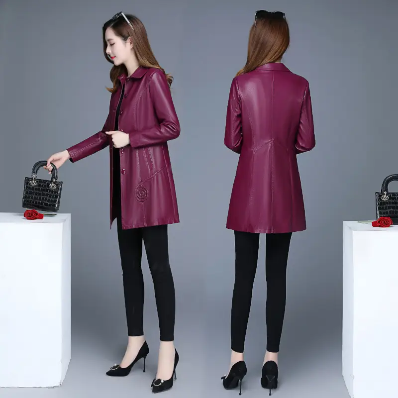 Women's Black PU Leather Trench Coat with Bowknot
