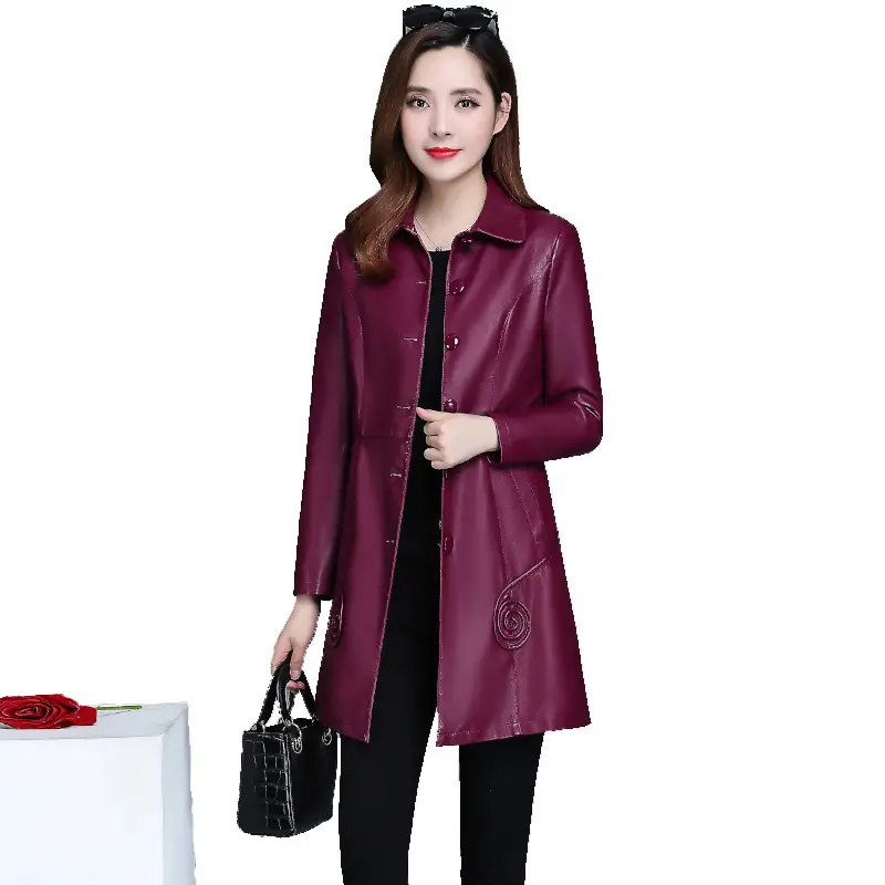 Women's Black PU Leather Trench Coat with Bowknot