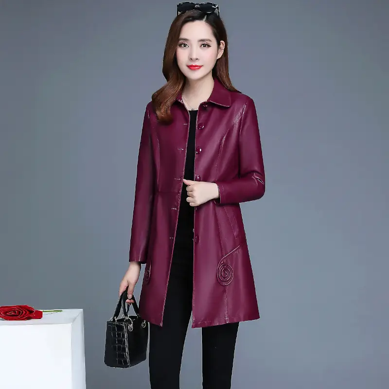 Women's Black PU Leather Trench Coat with Bowknot