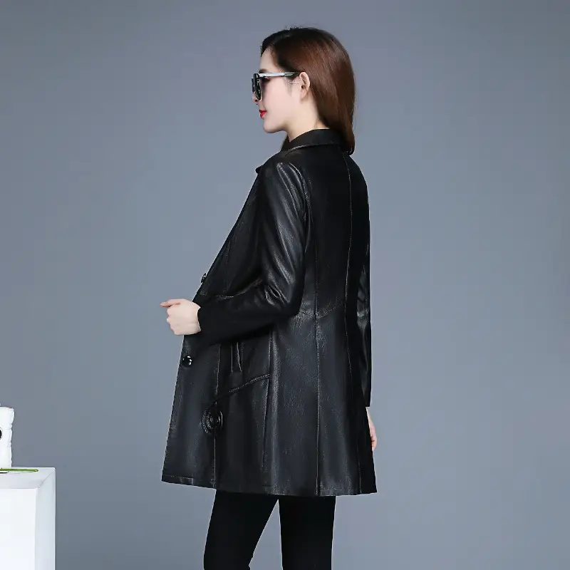Women's Black PU Leather Trench Coat with Bowknot