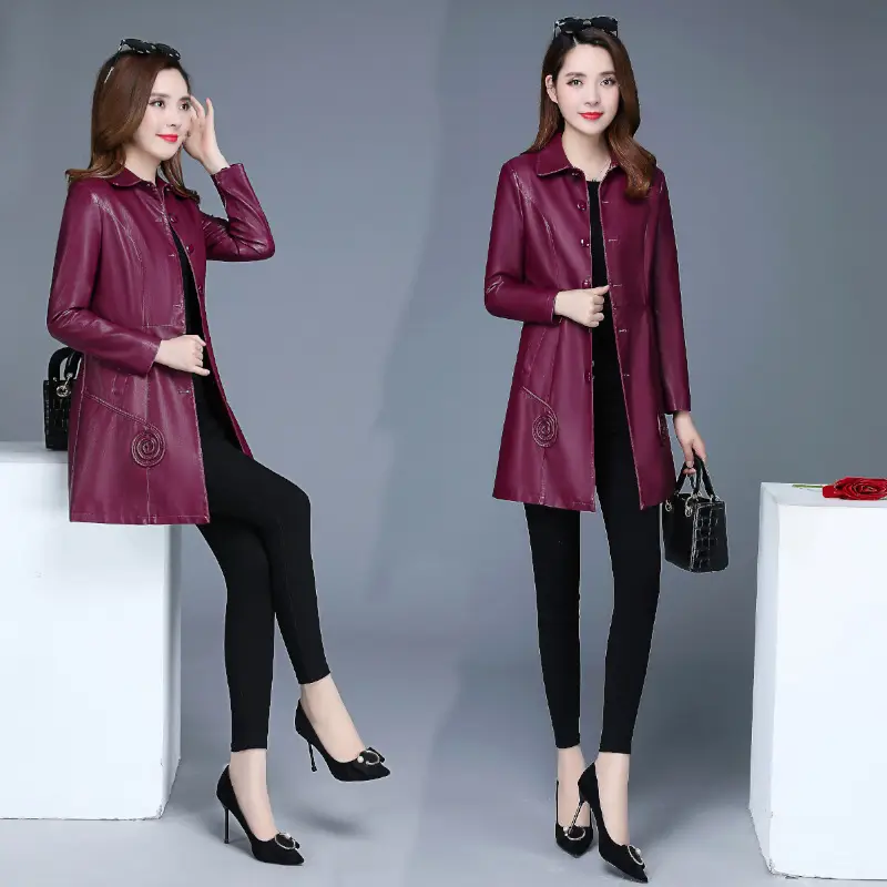 Women's Black PU Leather Trench Coat with Bowknot