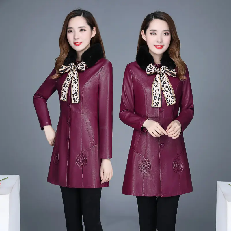 Women's Black PU Leather Trench Coat with Bowknot