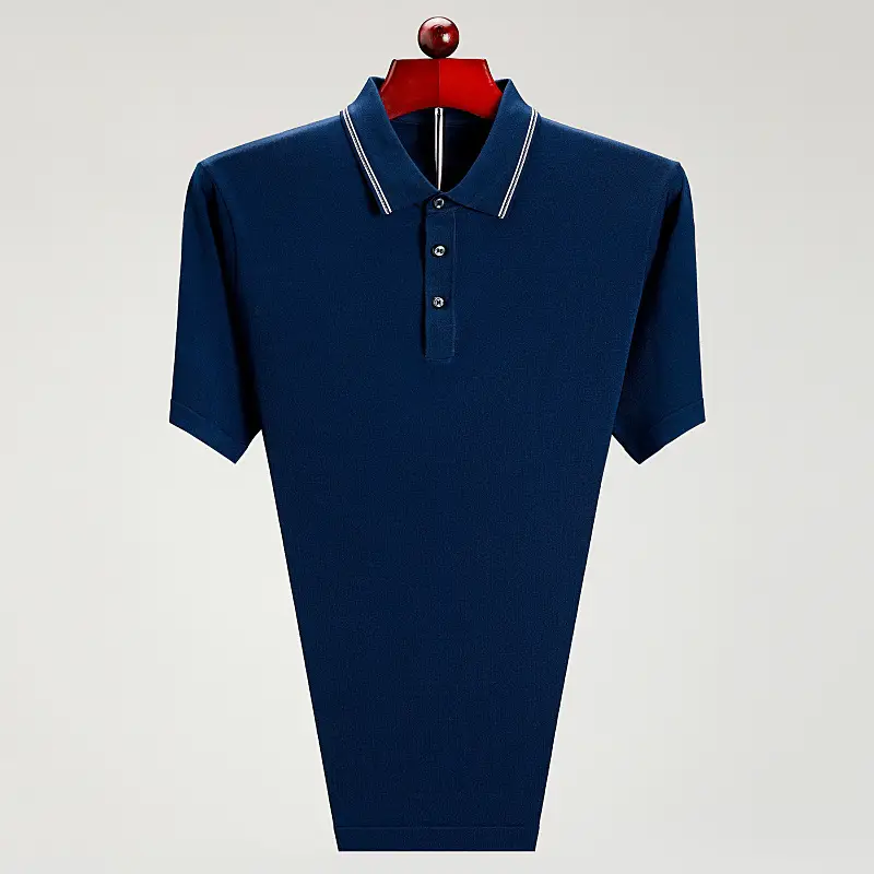 Men Navy Blue Polo Shirt Short Sleeve Middle Age - Image 6
