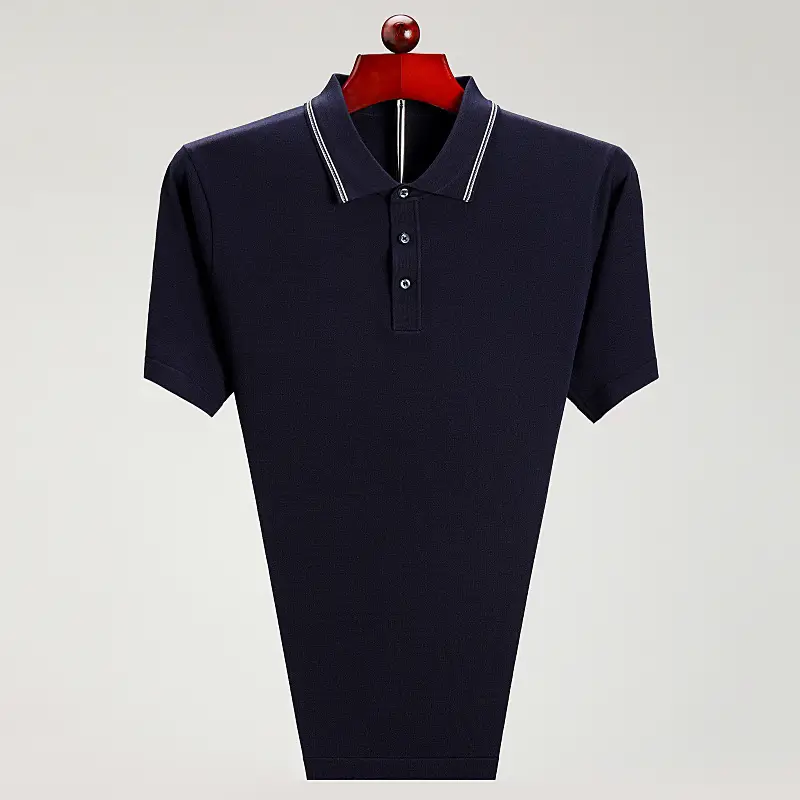 Men Navy Blue Polo Shirt Short Sleeve Middle Age - Image 5