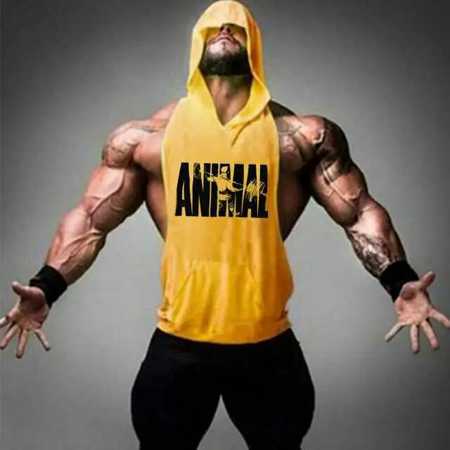 Yellow Hooded Fitness Vest with ANIMAL Print Large Split Design