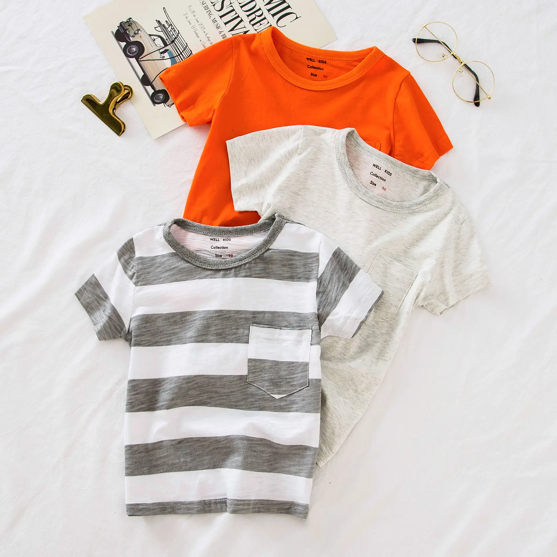 2023 Boys Striped Cotton T-Shirt Orange Grey - Image 2