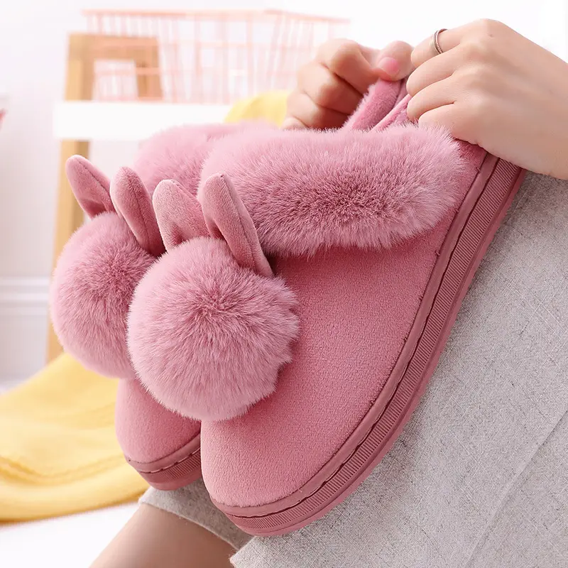 Long Ears Single Ball Men and Women Couple Winter Warm Wood Floor Thickened Indoor Warm Slippers Cotton Slippers
