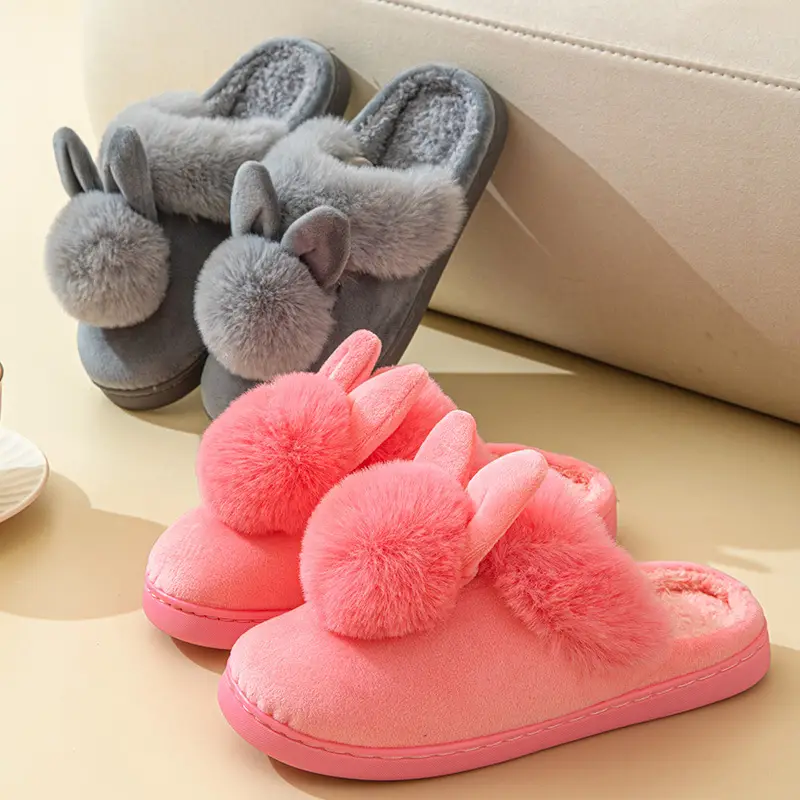 Long Ears Single Ball Men and Women Couple Winter Warm Wood Floor Thickened Indoor Warm Slippers Cotton Slippers