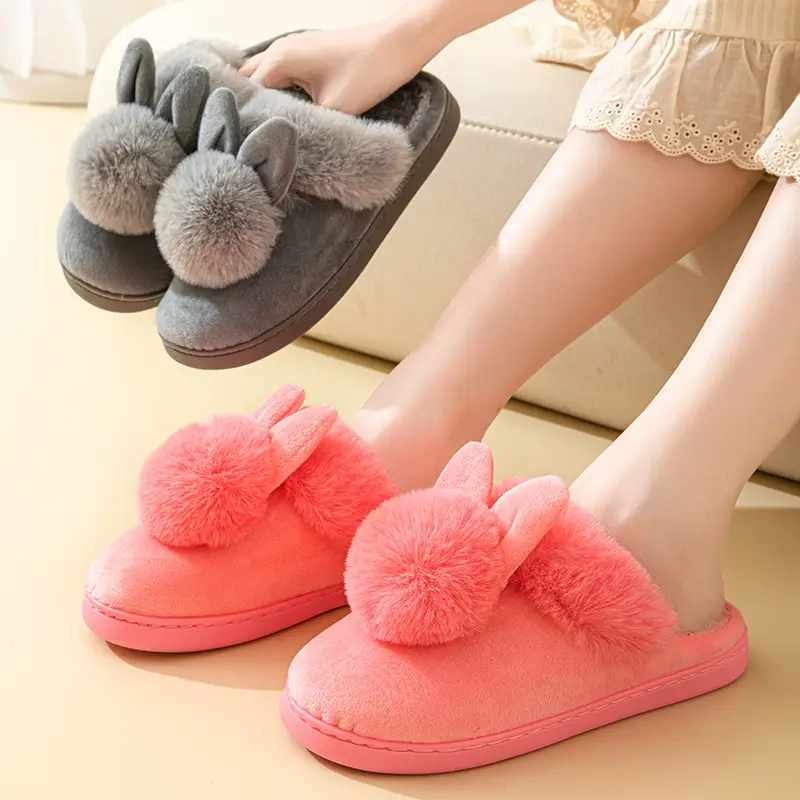 Long Ears Single Ball Men and Women Couple Winter Warm Wood Floor Thickened Indoor Warm Slippers Cotton Slippers